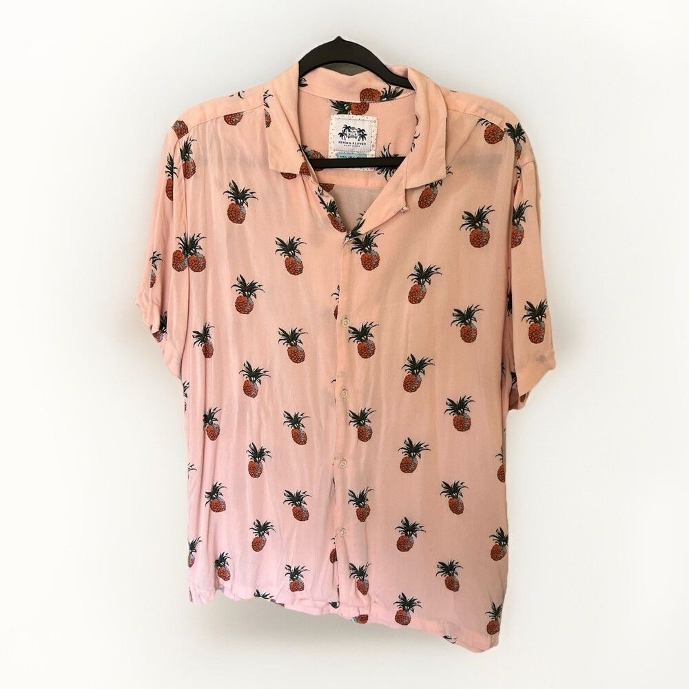 Men's Coral Pink Pineapple Hawaiian Shirt Denim And Flower Size XL